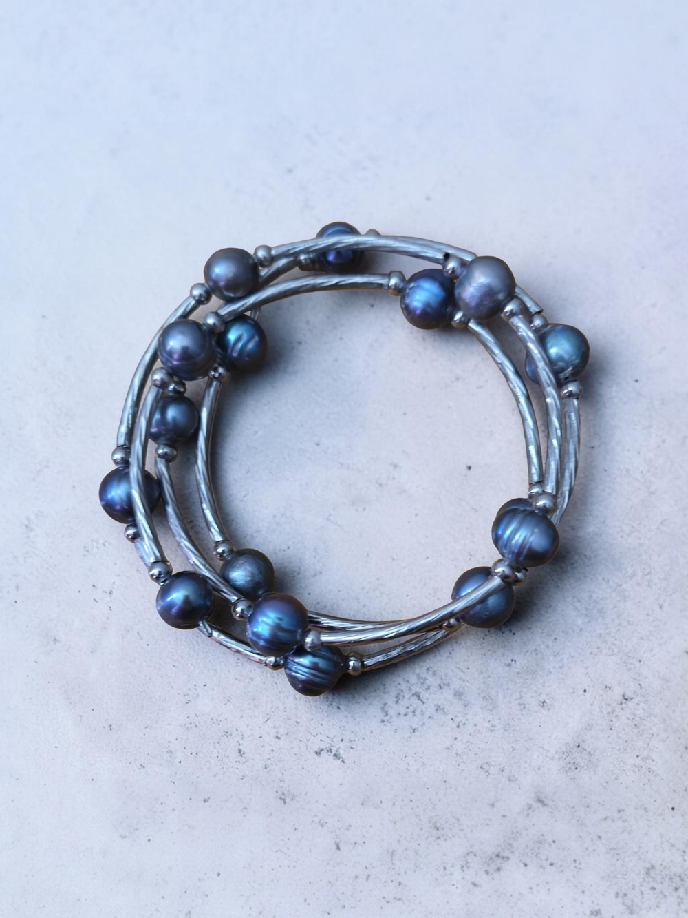 Silver Tone Memory Wire Bracelet Blue Gray Pearl Beaded Wrap Stack Style